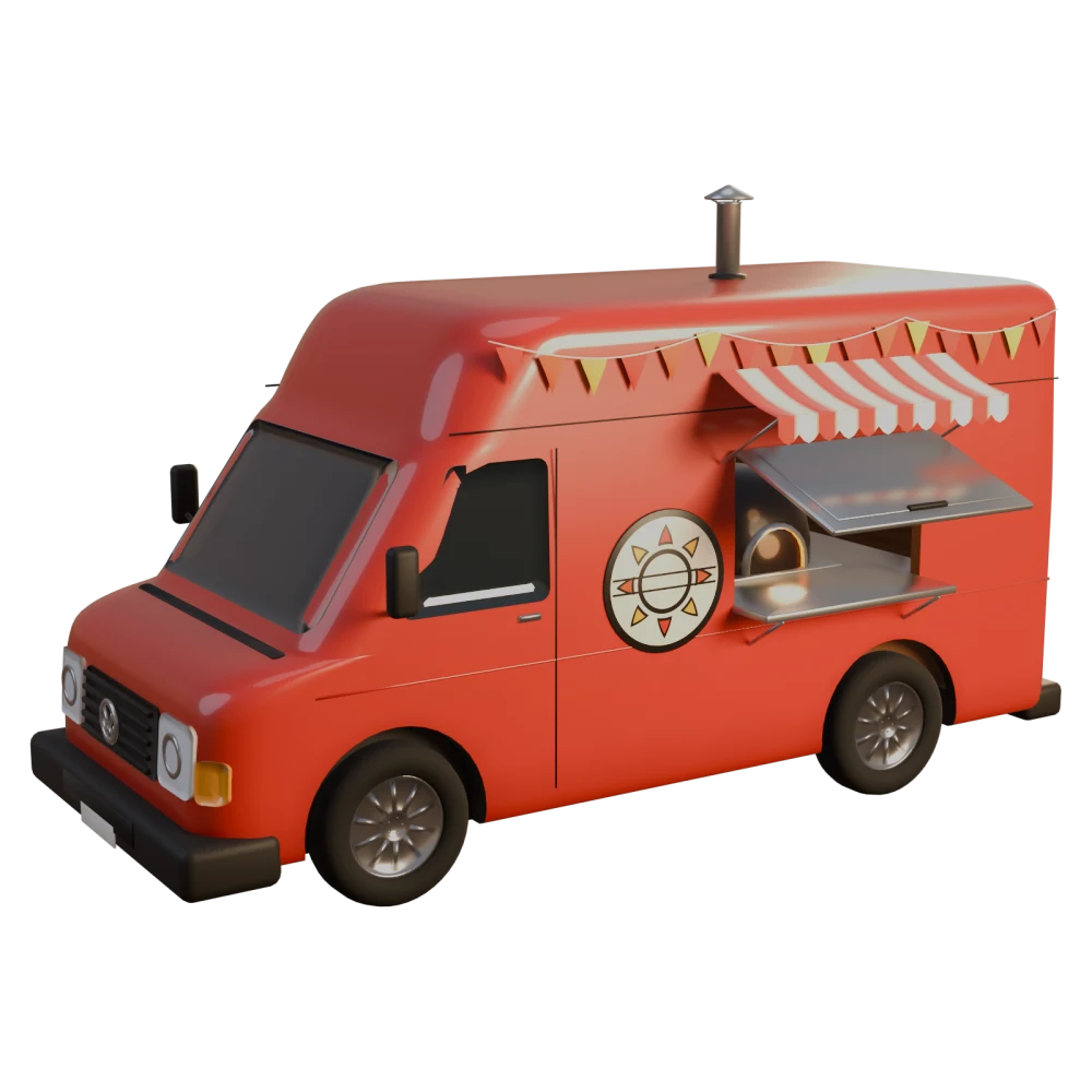 Ferdie the red pizza van with the hatch open and the oven glowing
