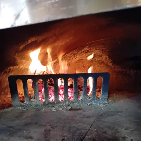 Logs burning in the wood fired oven